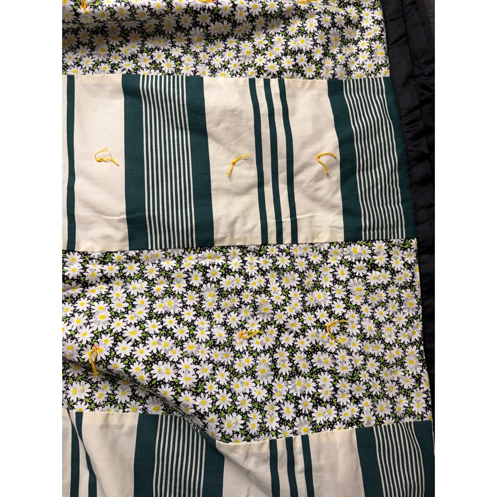 Handmade Patchwork Tied Quilt Floral Daisy Striped Cottagecore Black Green Cream - Picture 7 of 16